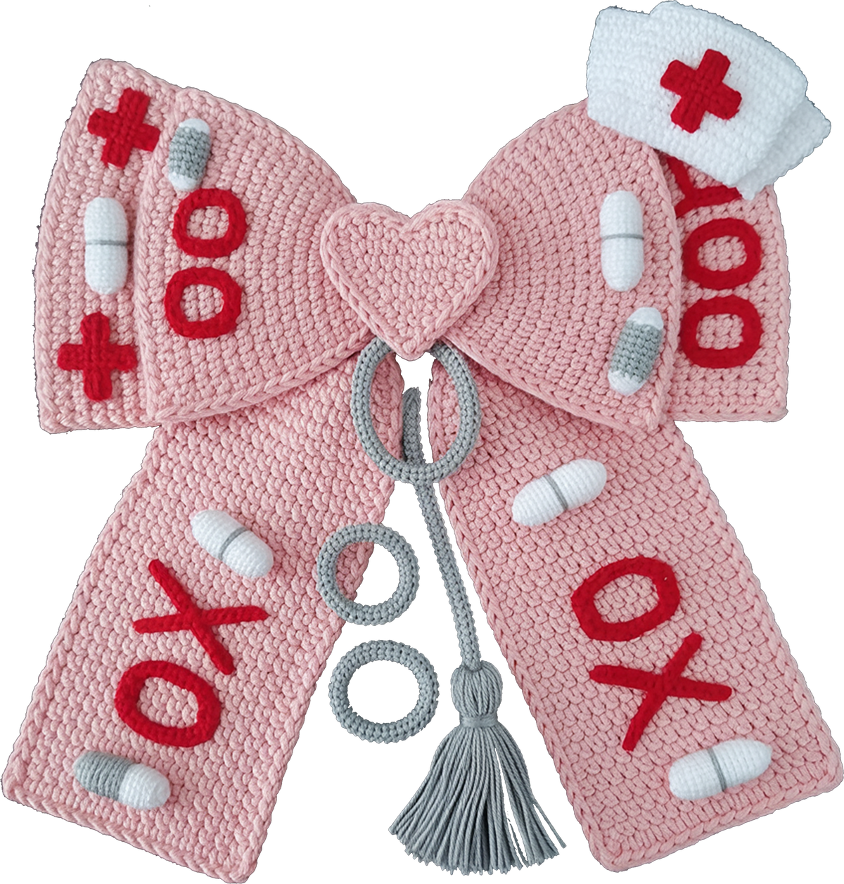 Faux Yarn Crochet Nurse Xoxo Pink Bow - Valentines Day Ready to Press DTF Transfer