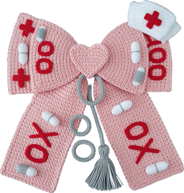 Faux Yarn Crochet Nurse Xoxo Pink Bow - Valentines Day Ready to Press DTF Transfer