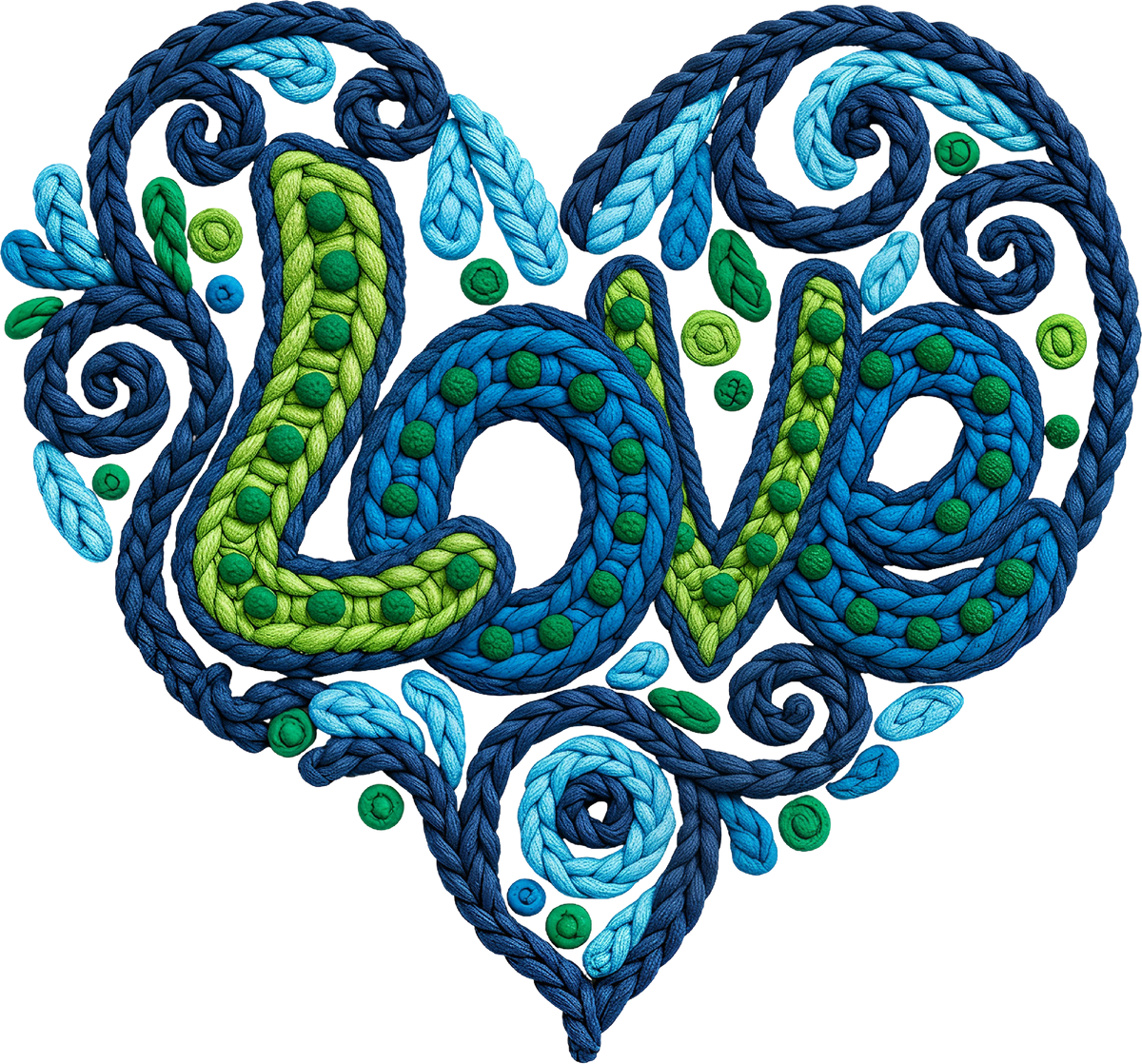 Faux Yarn Crochet Valentine Blue Love Heart - Valentines Day Ready to Press DTF Transfer