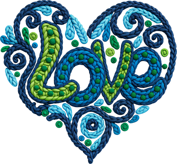 Faux Yarn Crochet Valentine Blue Love Heart - Valentines Day Ready to Press DTF Transfer