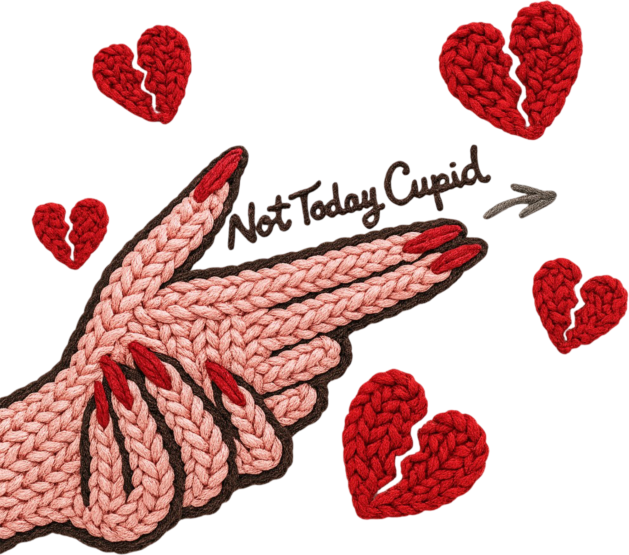 Faux Yarn Crochet Not Today Cupid Red Heart Hand - Valentines Day Ready to Press DTF Transfer