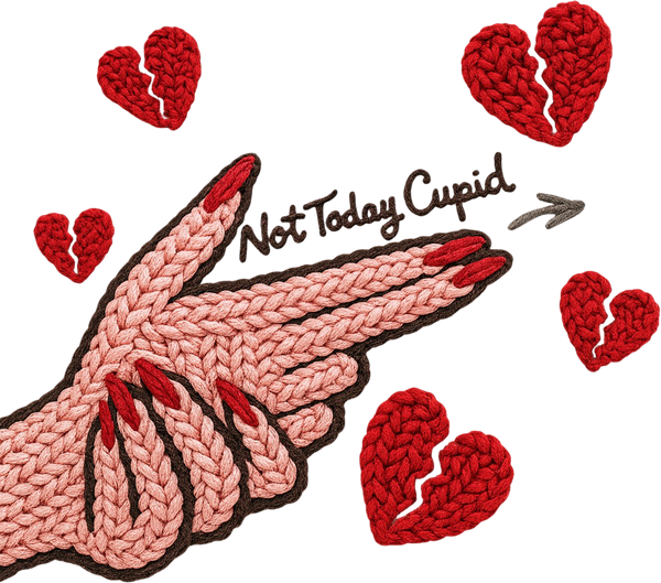 Faux Yarn Crochet Not Today Cupid Red Heart Hand - Valentines Day Ready to Press DTF Transfer