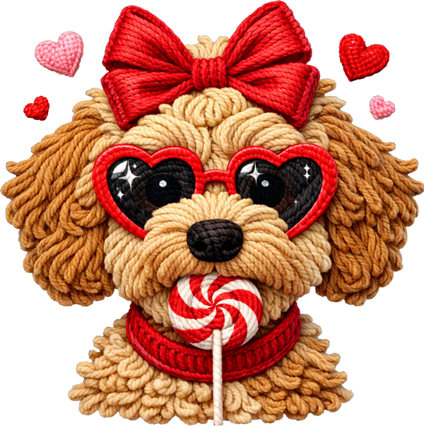 Faux Yarn Lollipop Valentine Goldendoodle - Valentines Day Ready to Press DTF Transfer