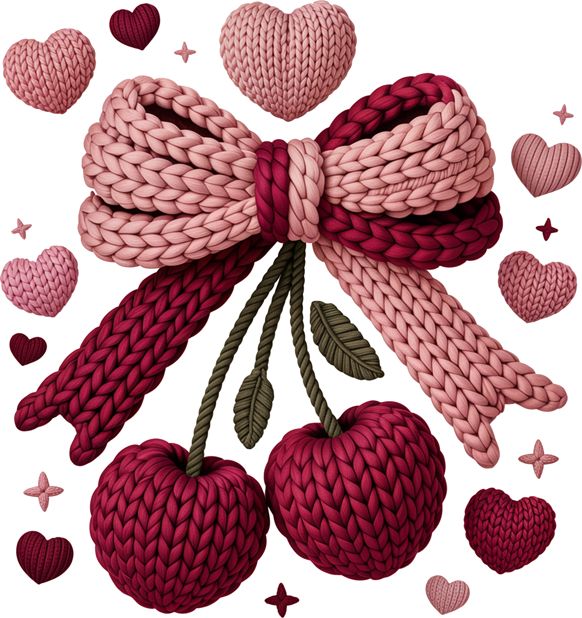 Faux Yarn Bow Cherry Valentine - Valentines Day Ready to Press DTF Transfer