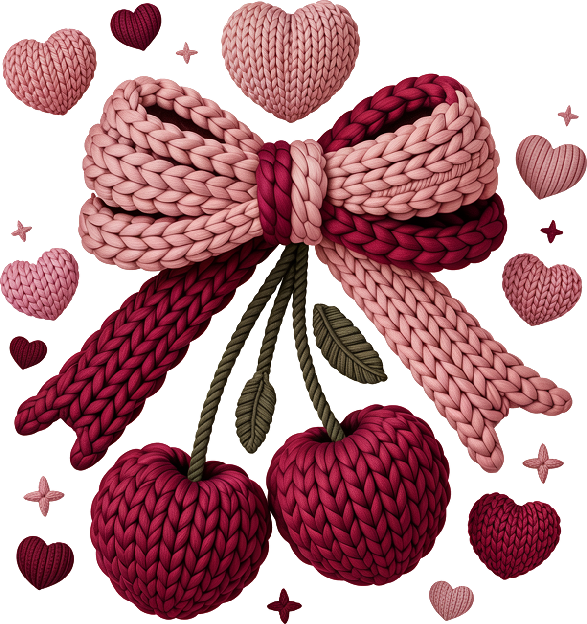 Faux Yarn Bow Cherry Valentine - Valentines Day Ready to Press DTF Transfer