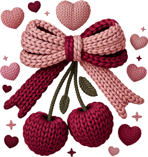 Faux Yarn Bow Cherry Valentine - Valentines Day Ready to Press DTF Transfer
