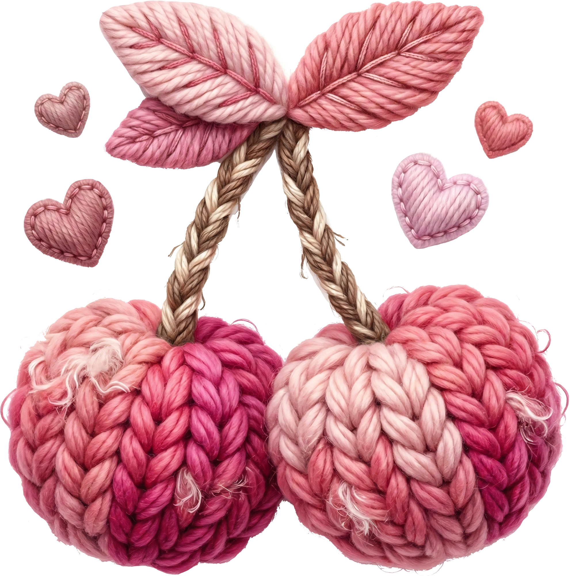 Faux Yarn Crochet Valentine Pink Cherry - Valentines Day Ready to Press DTF Transfer