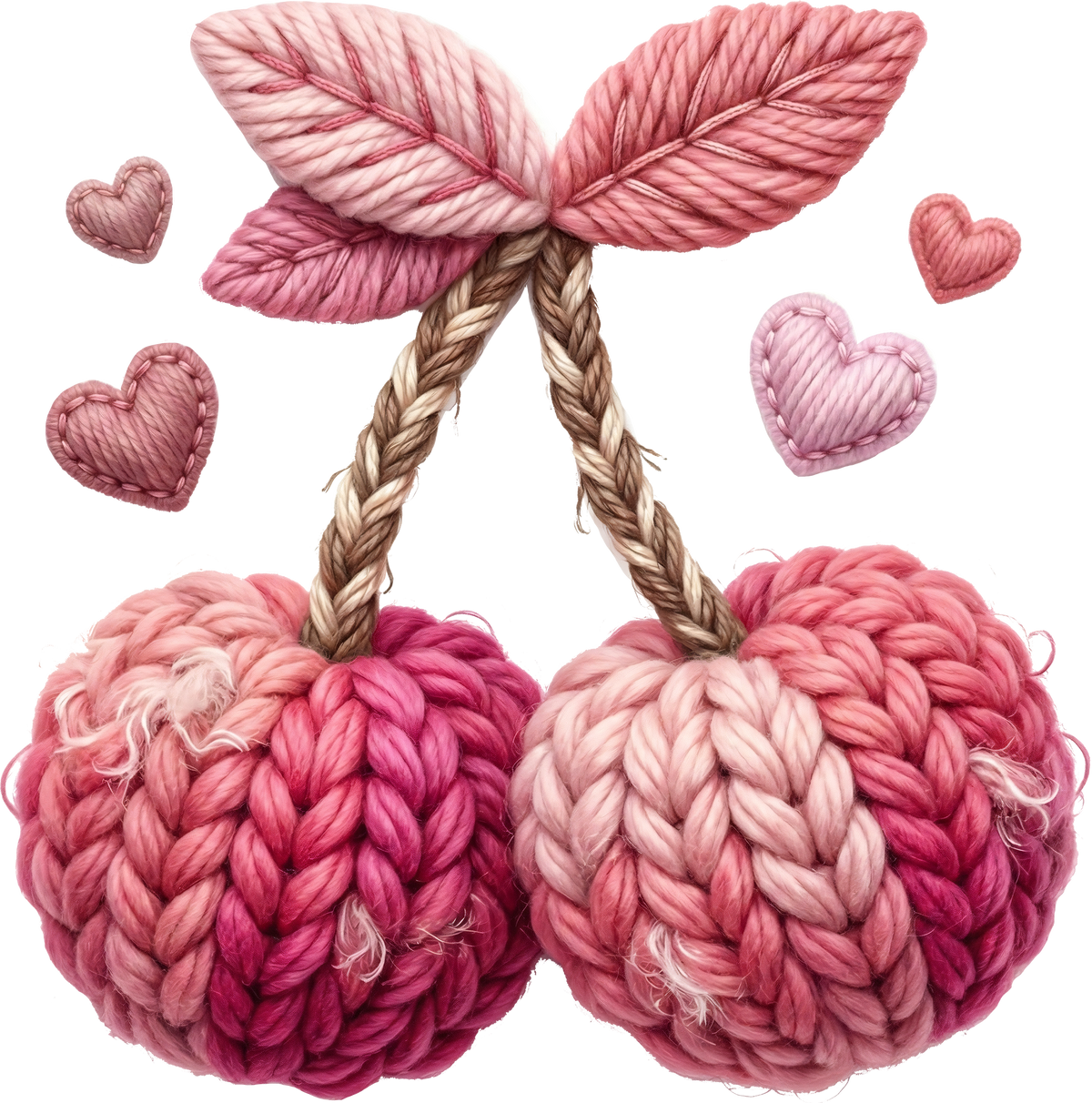 Faux Yarn Crochet Valentine Pink Cherry - Valentines Day Ready to Press DTF Transfer