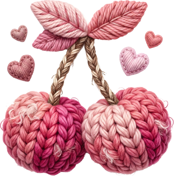 Faux Yarn Crochet Valentine Pink Cherry - Valentines Day Ready to Press DTF Transfer