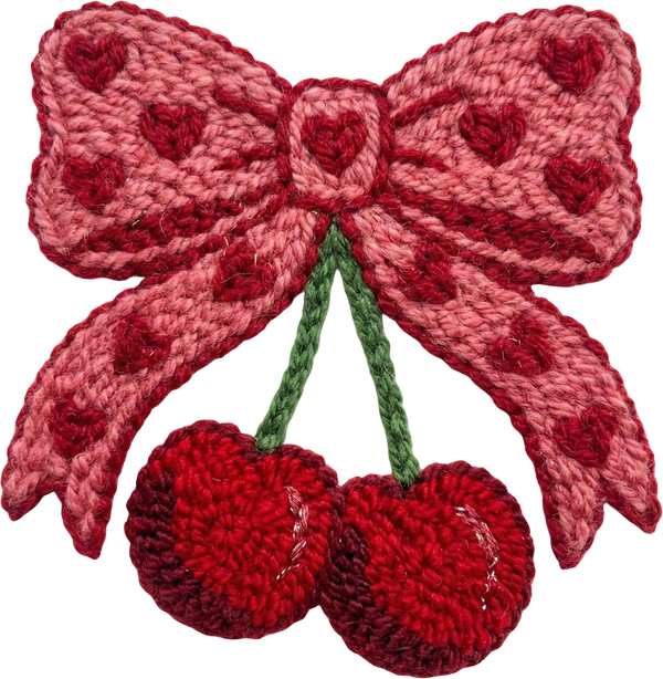 Faux Yarn Valentine Red Bow Cherry - Valentines Day Ready to Press DTF Transfer