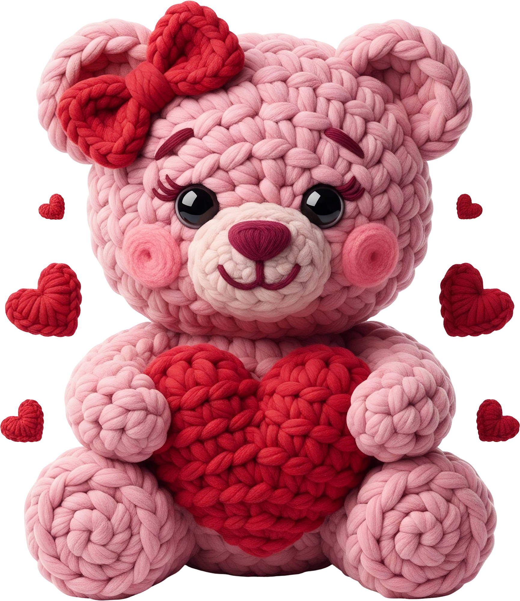 Faux Yarn Crochet Valentine Pink Teddy Bear - Valentines Day Ready to Press DTF Transfer