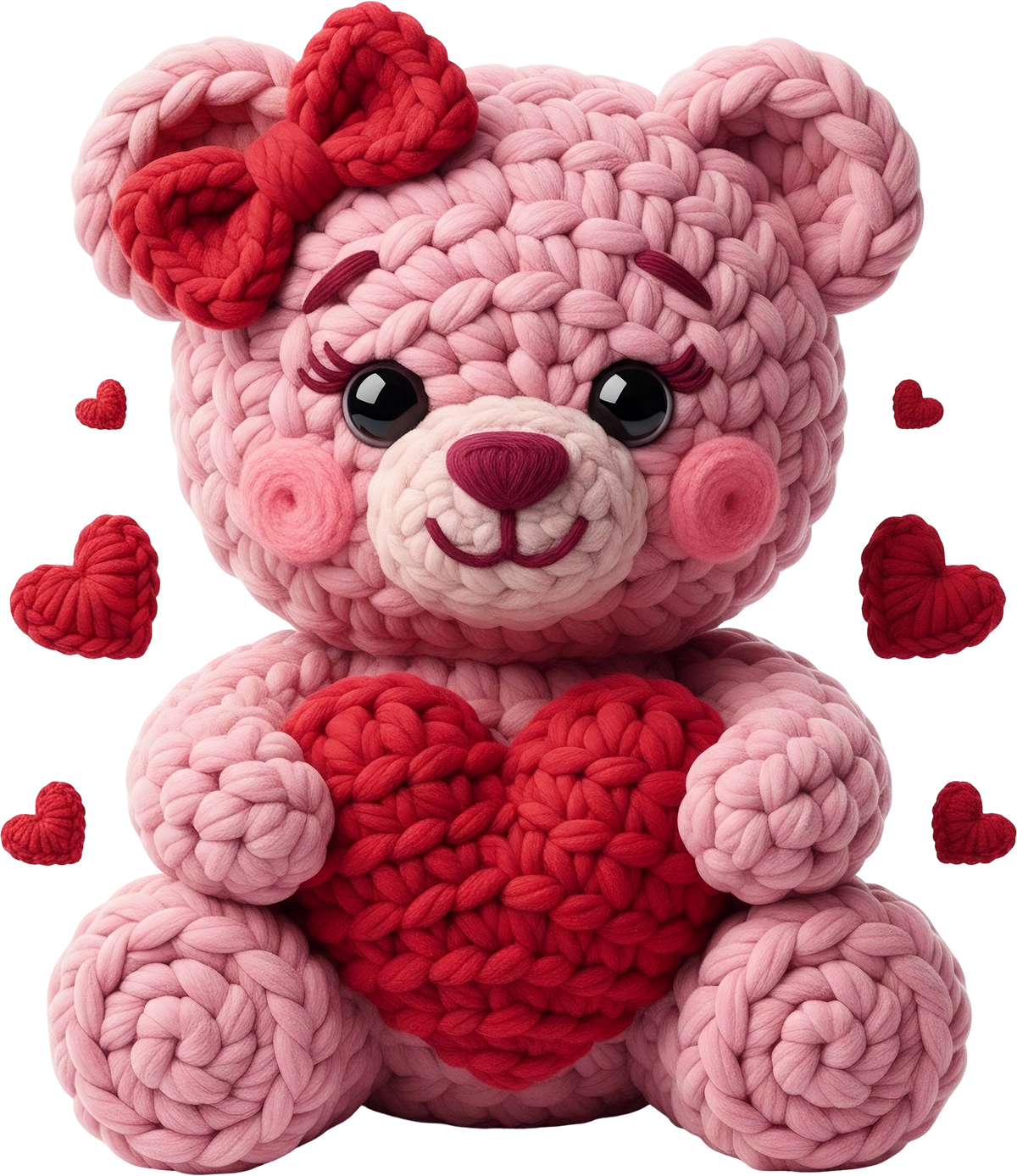 Faux Yarn Crochet Valentine Pink Teddy Bear - Valentines Day Ready to Press DTF Transfer