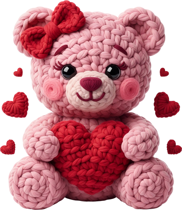 Faux Yarn Crochet Valentine Pink Teddy Bear - Valentines Day Ready to Press DTF Transfer