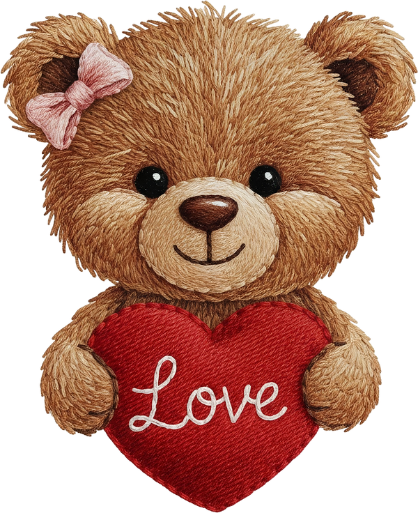 Faux Yarn Valentine Red Heart Love Teddy Bear - Valentines Day Ready to Press DTF Transfer