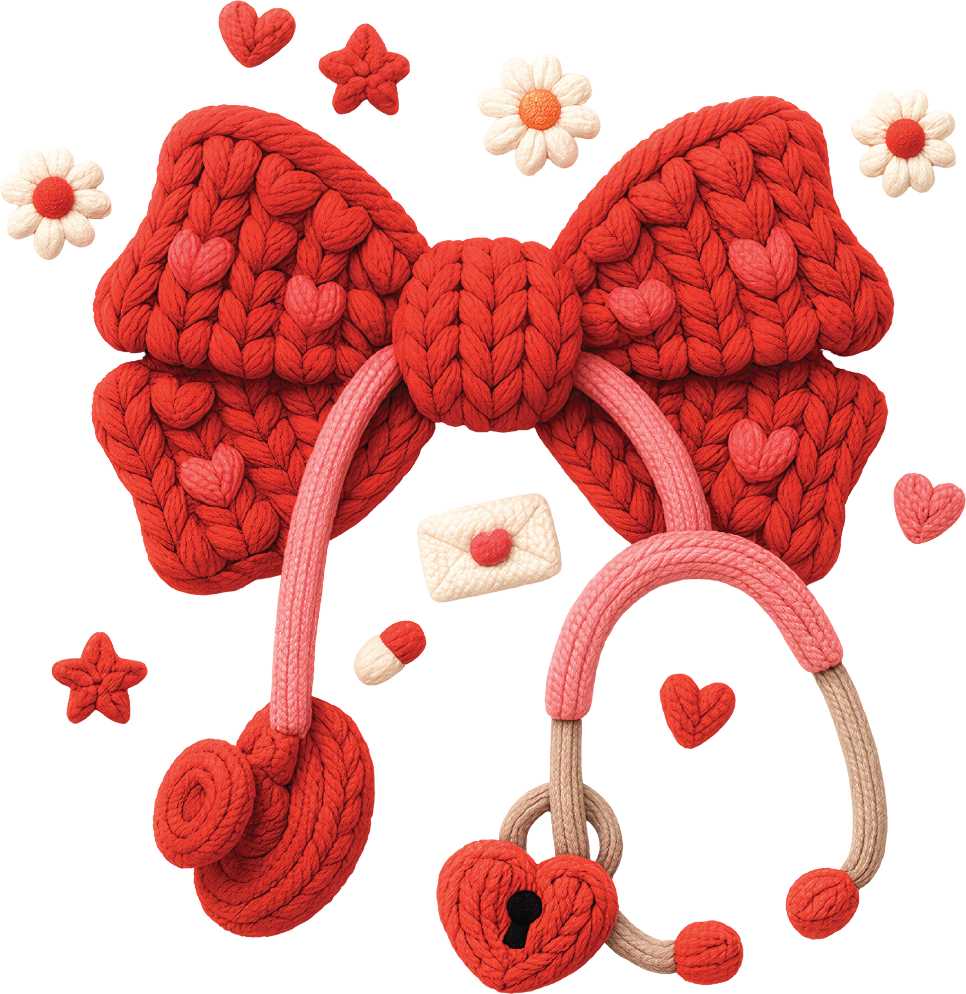 Faux Yarn Crochet Valentine Bow Nurse Stethescope - Valentines Day Ready to Press DTF Transfer