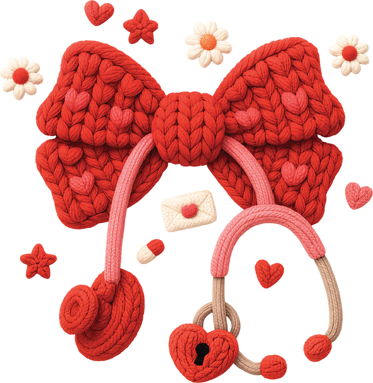 Faux Yarn Crochet Valentine Bow Nurse Stethescope - Valentines Day Ready to Press DTF Transfer