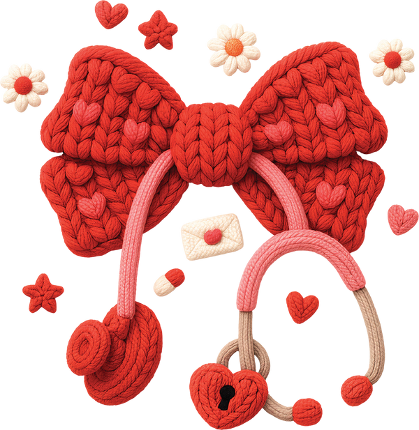 Faux Yarn Crochet Valentine Bow Nurse Stethescope - Valentines Day Ready to Press DTF Transfer