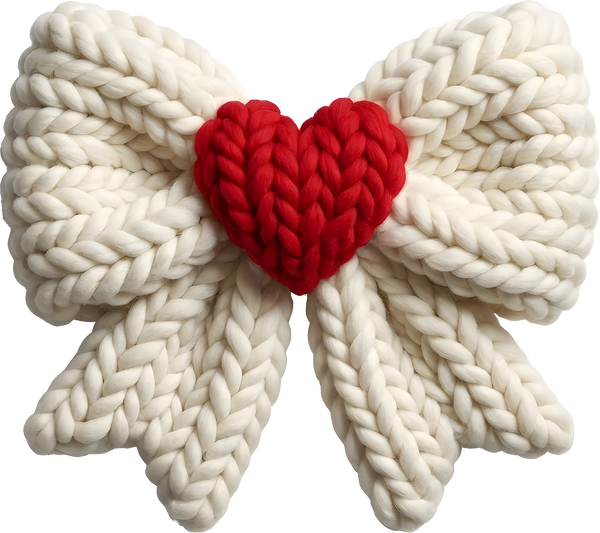 Faux Yarn Crochet Red Heart White Bow - Valentines Day Ready to Press DTF Transfer