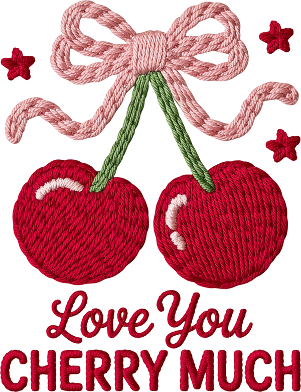 Latch Hook Faux Yarn Cherry Bow Love You Cherry Much - Valentines Day Ready to Press DTF Transfer