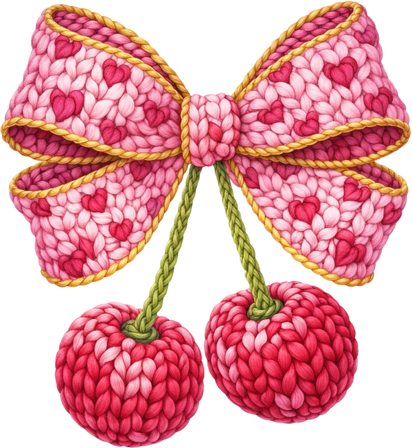 Faux Yarn Crochet Valentine Bow Cherry - Valentines Day Ready to Press DTF Transfer
