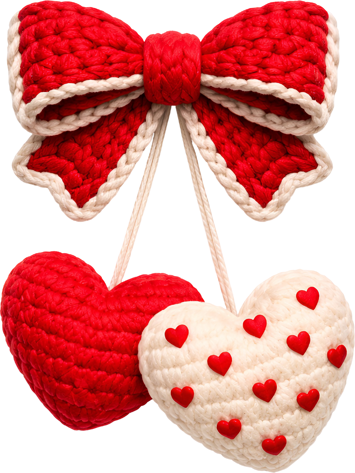 Faux Yarn Crochet Valentine Bow Heart Cherry - Valentine Days Ready to Press DTF Transfer