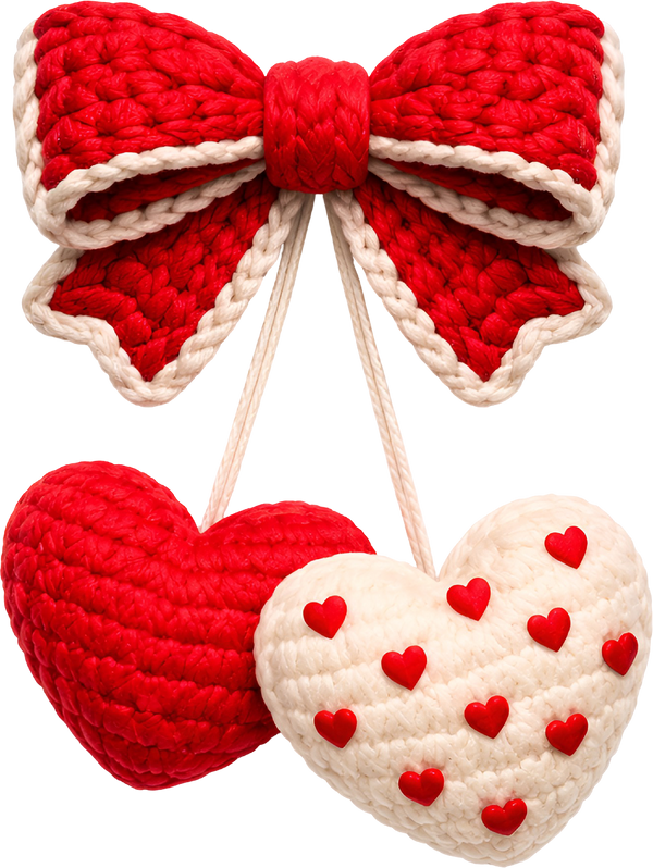 Faux Yarn Crochet Valentine Bow Heart Cherry - Valentine Days Ready to Press DTF Transfer