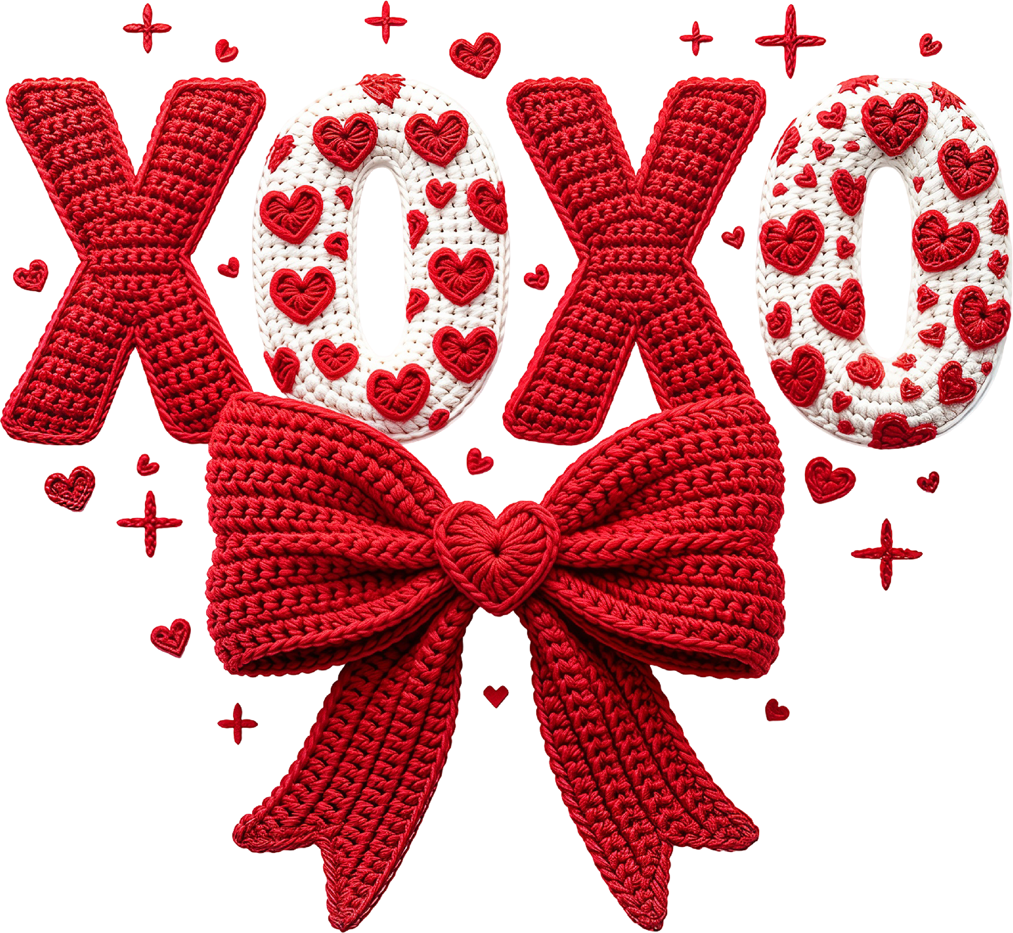 Faux Yarn Crochet Valentine Red Bow Xoxo - Valentines Day Ready to Press DTF Transfer