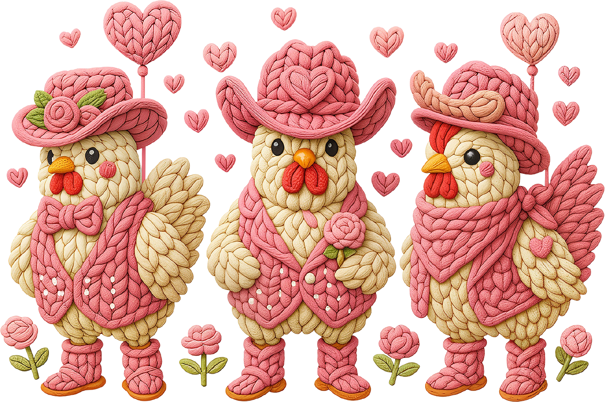 Faux Yarn Crochet Valentine Pink Cowboy Chicken - Valentines Day Ready to Press DTF Transfer
