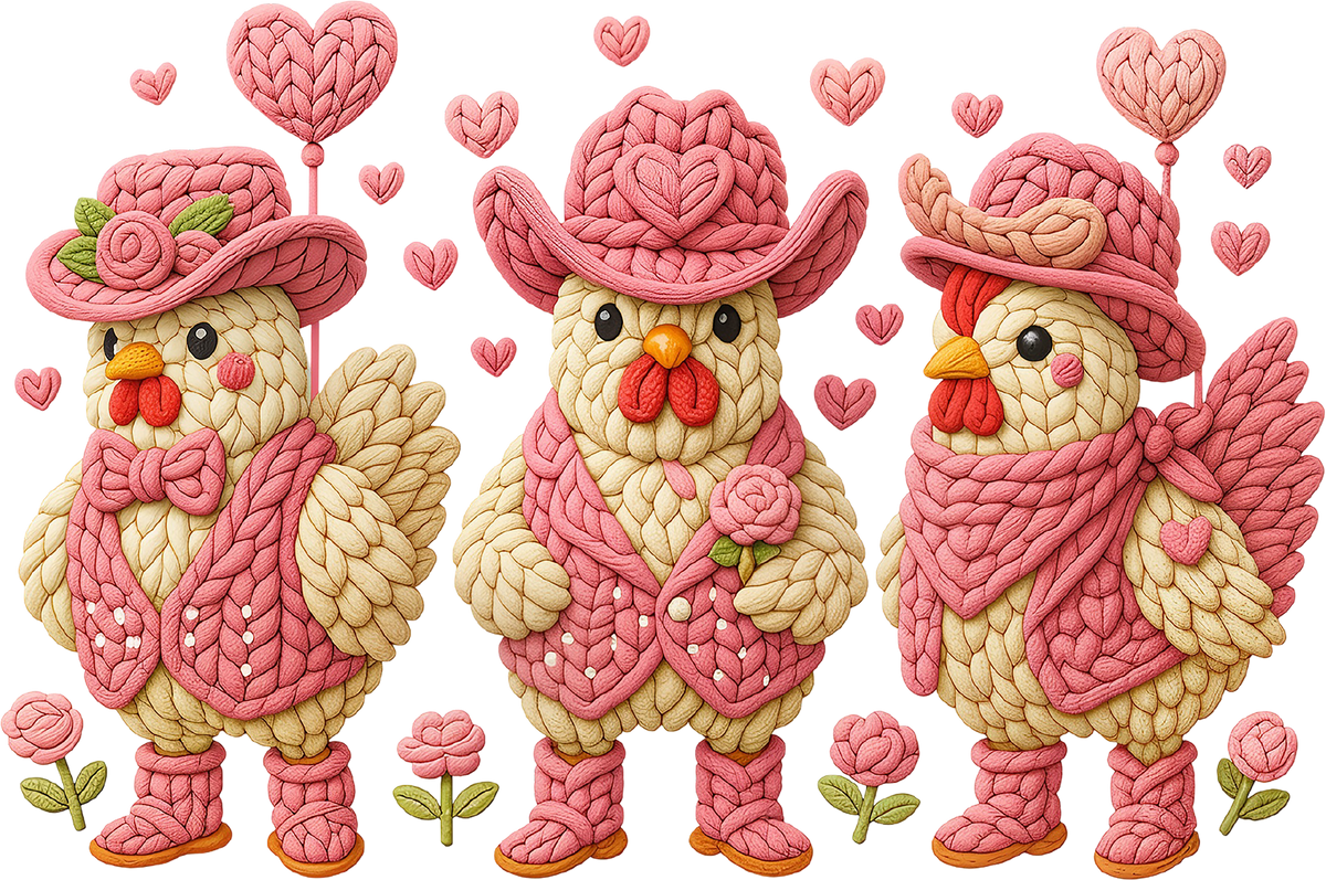 Faux Yarn Crochet Valentine Pink Cowboy Chicken - Valentines Day Ready to Press DTF Transfer