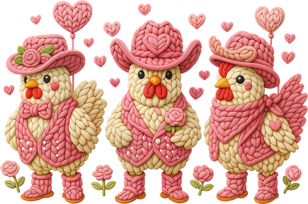 Faux Yarn Crochet Valentine Pink Cowboy Chicken - Valentines Day Ready to Press DTF Transfer