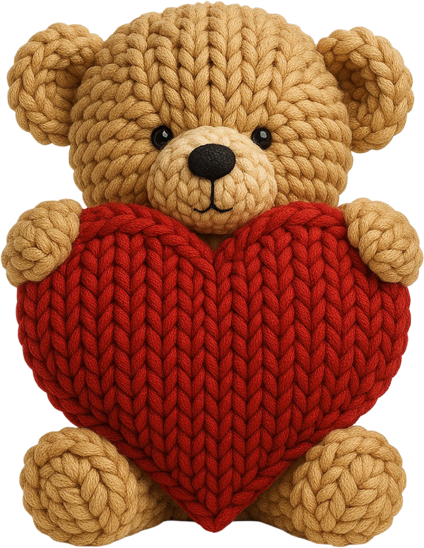 Faux Yarn Knitted Teddy Bear With Heart - Valentines Day Ready to Press DTF Transfer