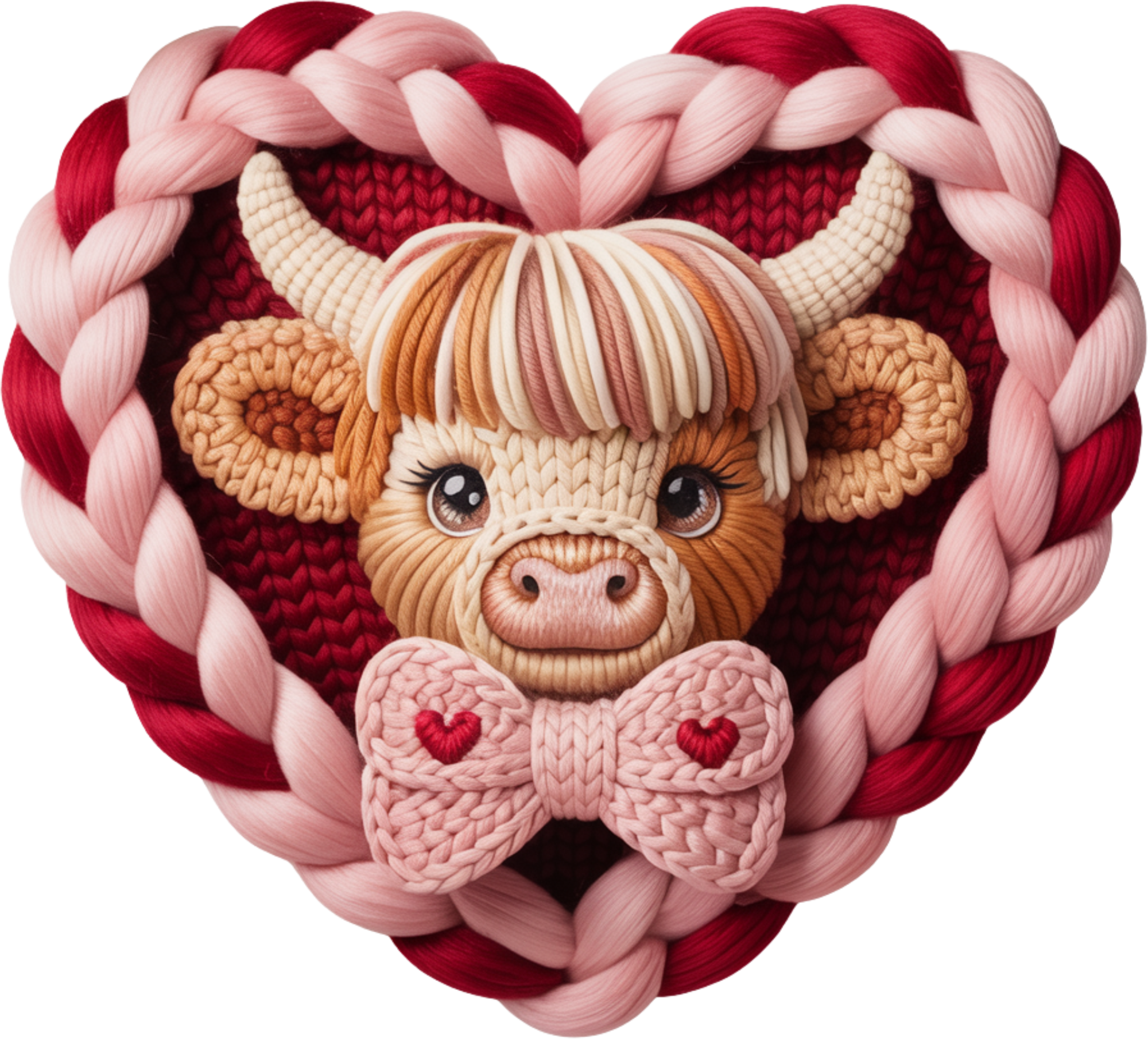 Faux Yarn Crochet Highland Cow Heart - Valentines Day Ready to Press DTF Transfer