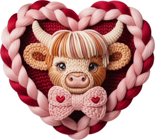 Faux Yarn Crochet Highland Cow Heart - Valentines Day Ready to Press DTF Transfer
