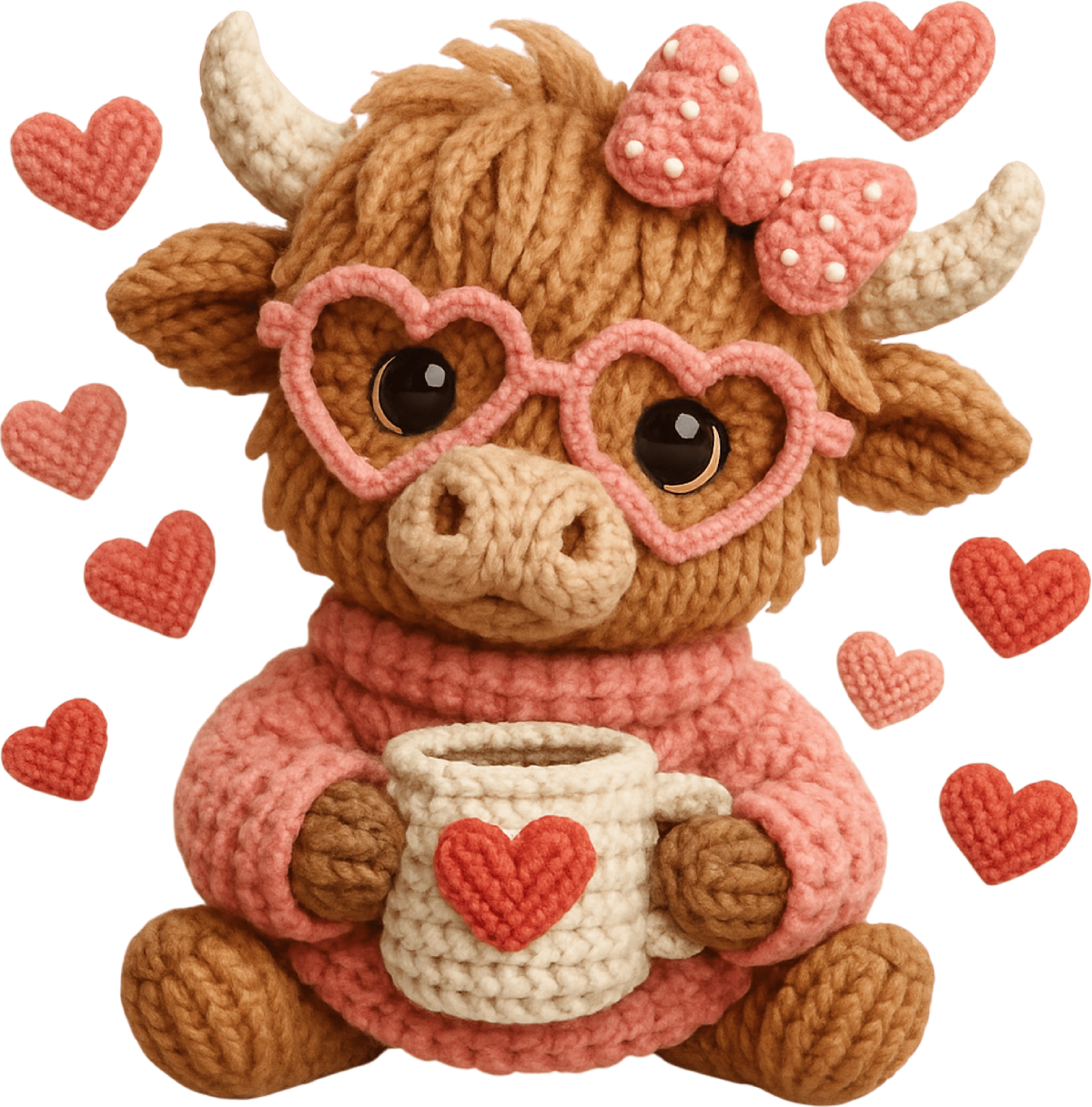 Faux Yarn Crochet Valentine Highland Cow - Valentines Day Ready to Press DTF Transfer