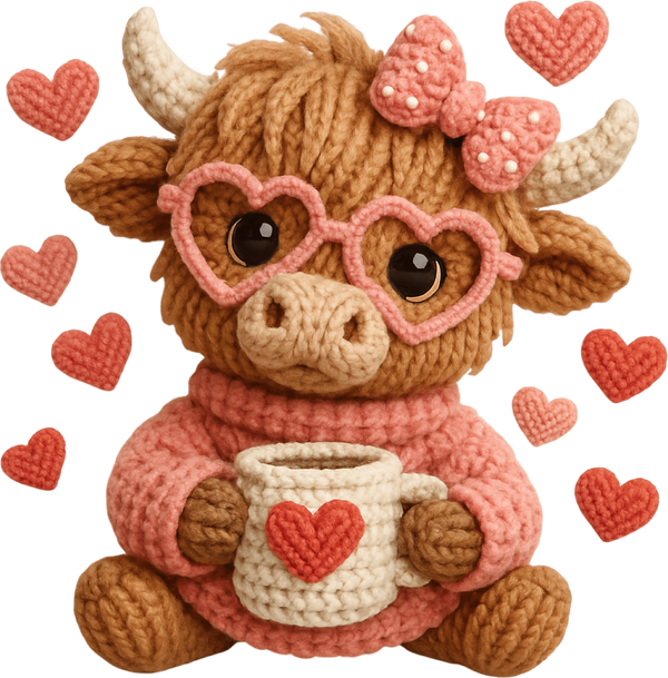 Faux Yarn Crochet Valentine Highland Cow - Valentines Day Ready to Press DTF Transfer