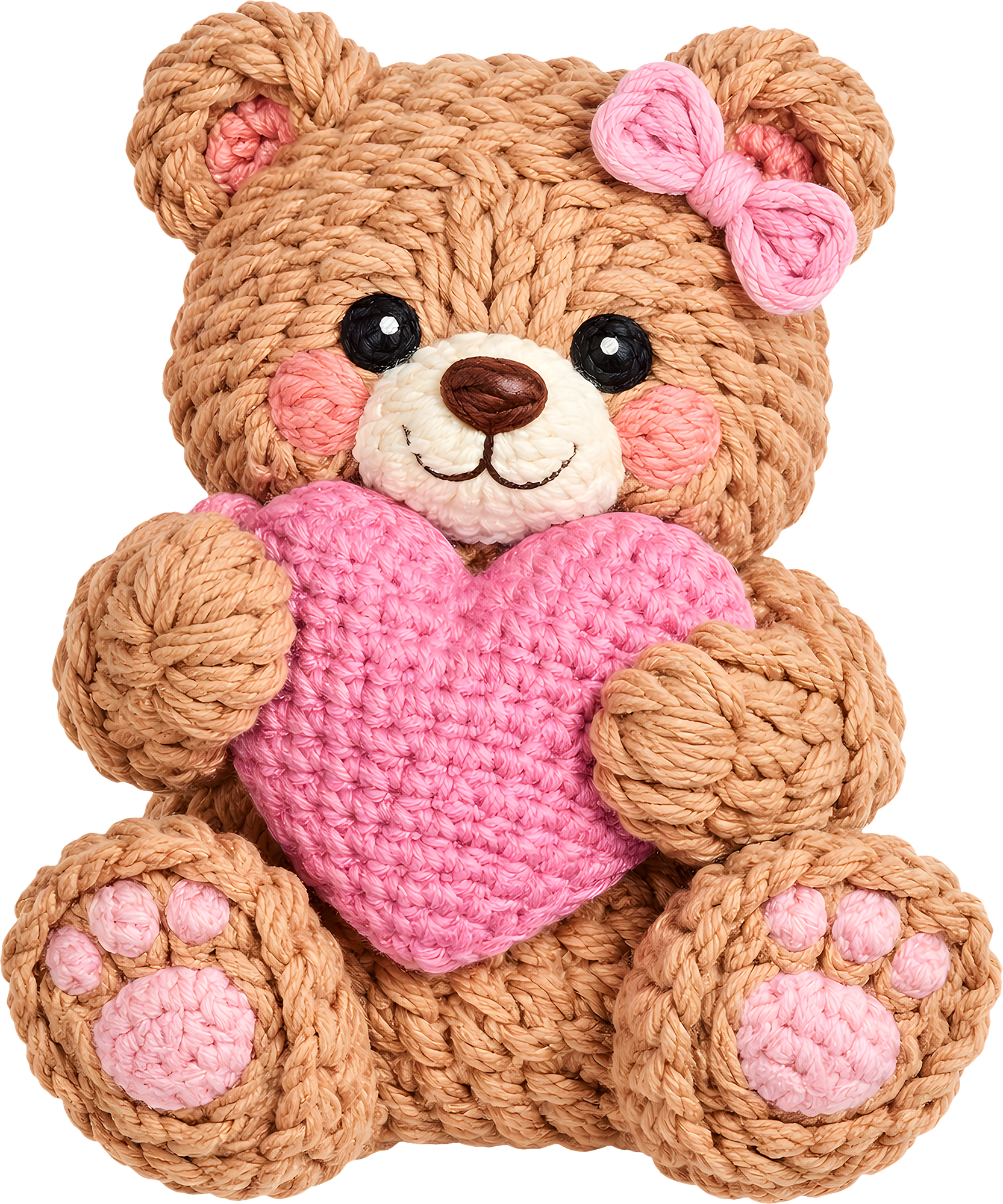 Faux Yarn Crochet Valentine Pink Heart Teddy Bear - Valentines Day Ready to Press DTF Transfer