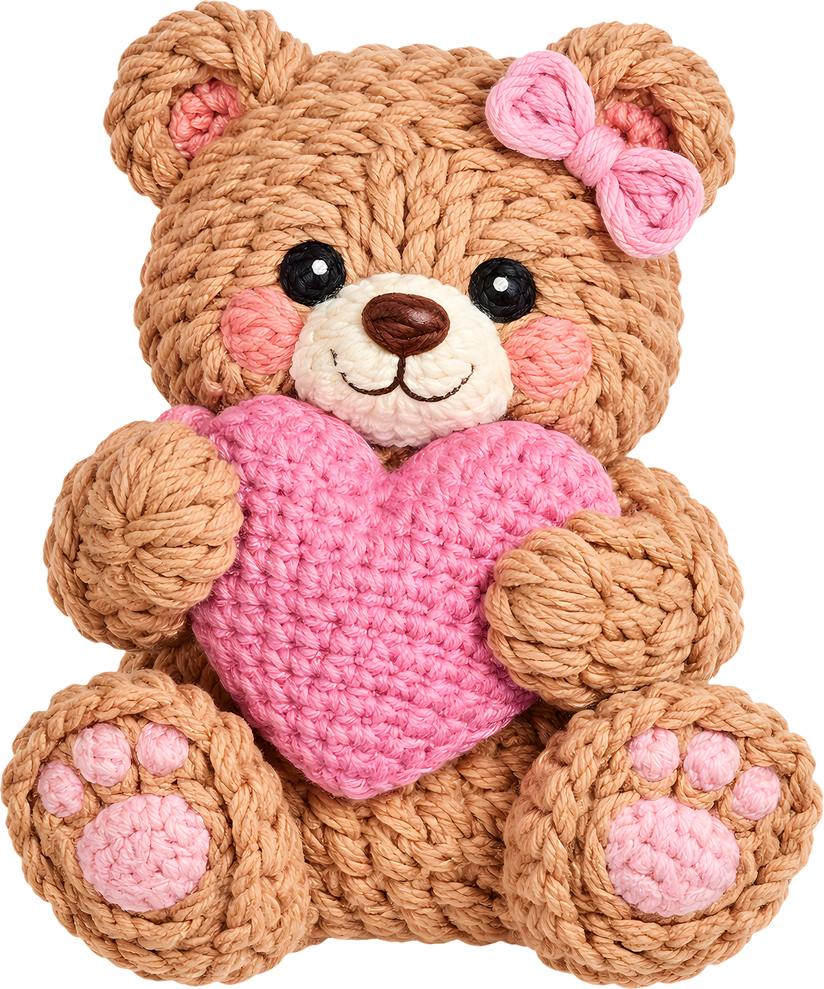 Faux Yarn Crochet Valentine Pink Heart Teddy Bear - Valentines Day Ready to Press DTF Transfer