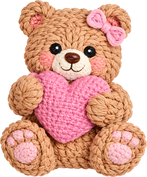 Faux Yarn Crochet Valentine Pink Heart Teddy Bear - Valentines Day Ready to Press DTF Transfer