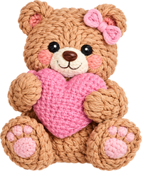 Faux Yarn Crochet Valentine Pink Heart Teddy Bear - Valentines Day Ready to Press DTF Transfer