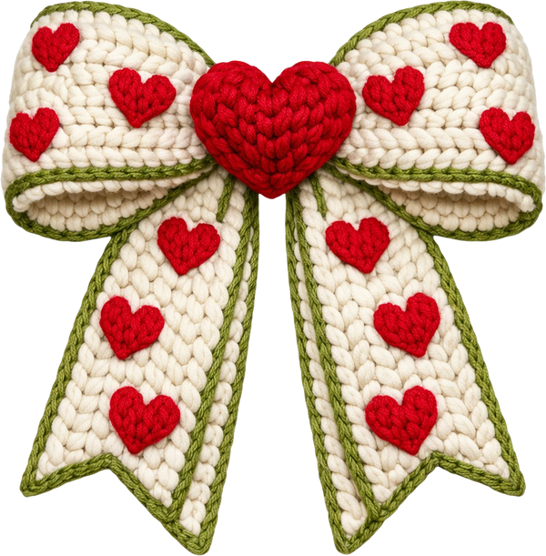 Faux Yarn Crochet Valentine Heart Bow - Valentines Day Ready to Press DTF Transfer