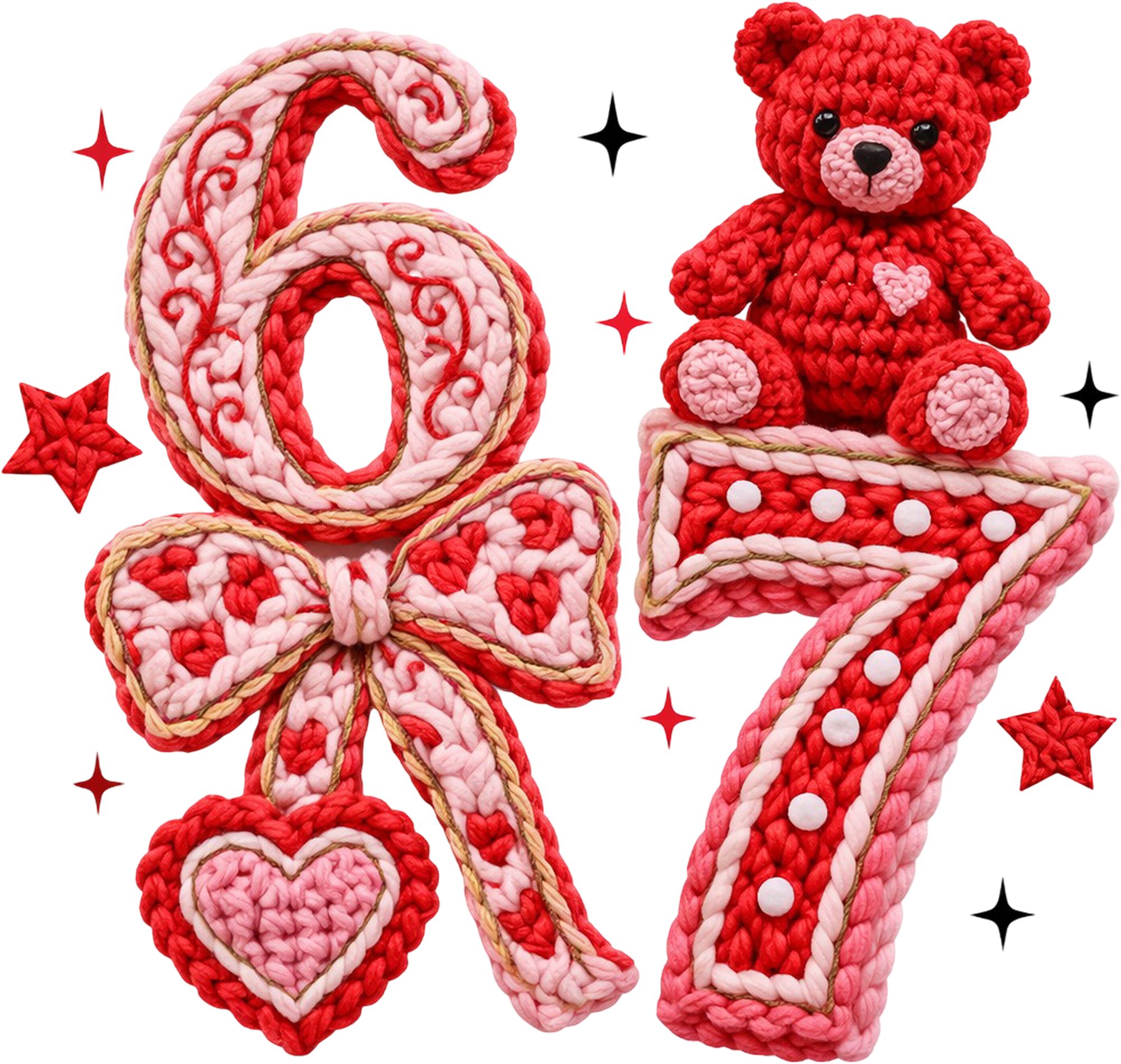 Faux Yarn Crochet Red 67 Teddy Bear - Valentines Day Ready to Press DTF Transfer