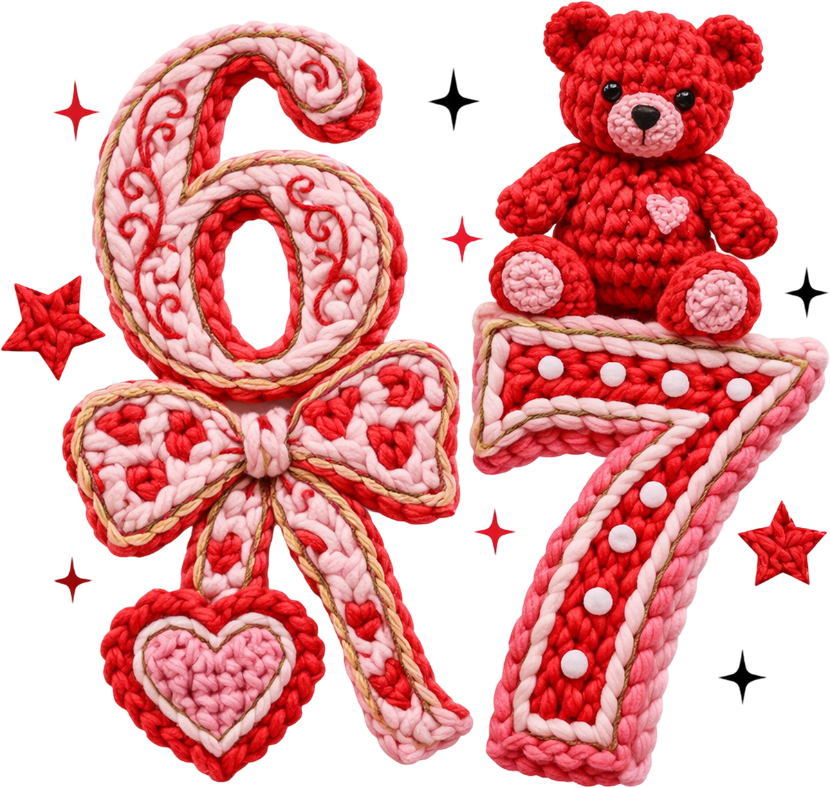 Faux Yarn Crochet Red 67 Teddy Bear - Valentines Day Ready to Press DTF Transfer