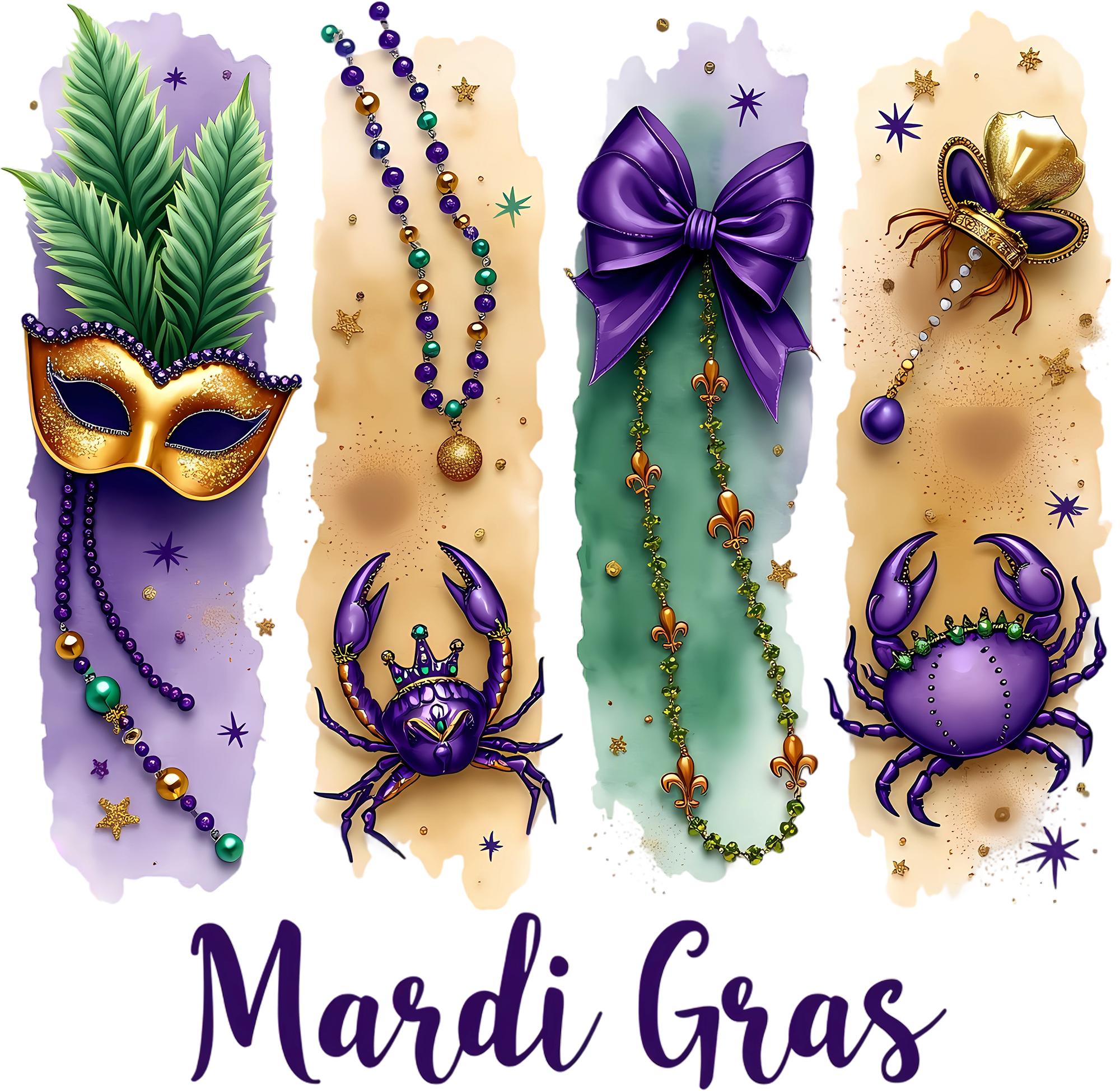 Mardi Gras Purple Gold Mask Crab And Beads - Mardi Gras Ready to Press DTF Transfer