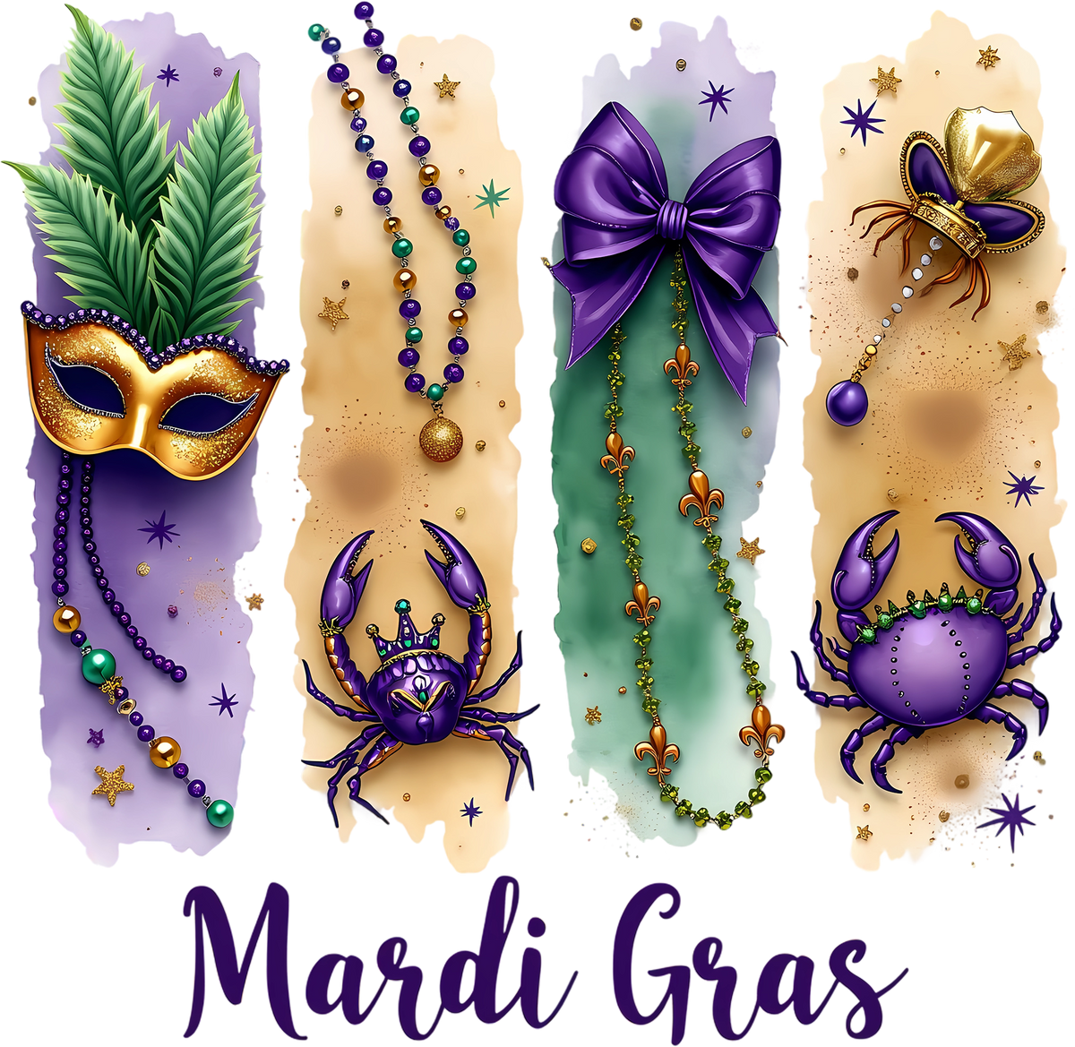 Mardi Gras Purple Gold Mask Crab And Beads - Mardi Gras Ready to Press DTF Transfer