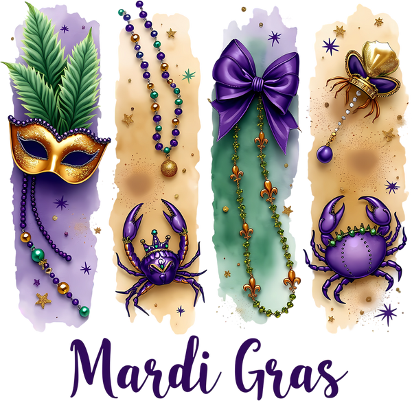 Mardi Gras Purple Gold Mask Crab And Beads - Mardi Gras Ready to Press DTF Transfer