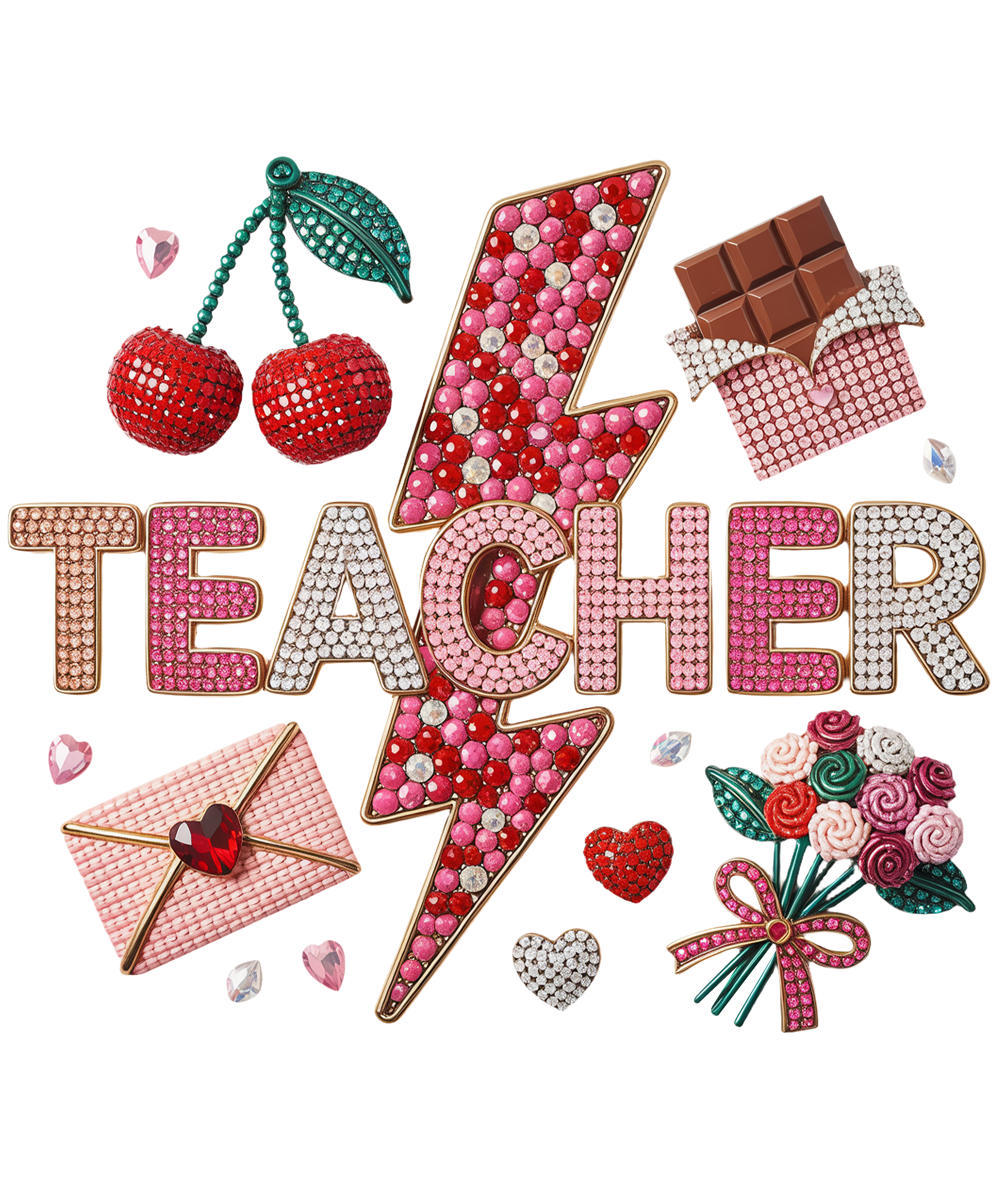 Teacher Rhinestone Cherry Girly Shirt - School Ready to Press DTF Transfer
