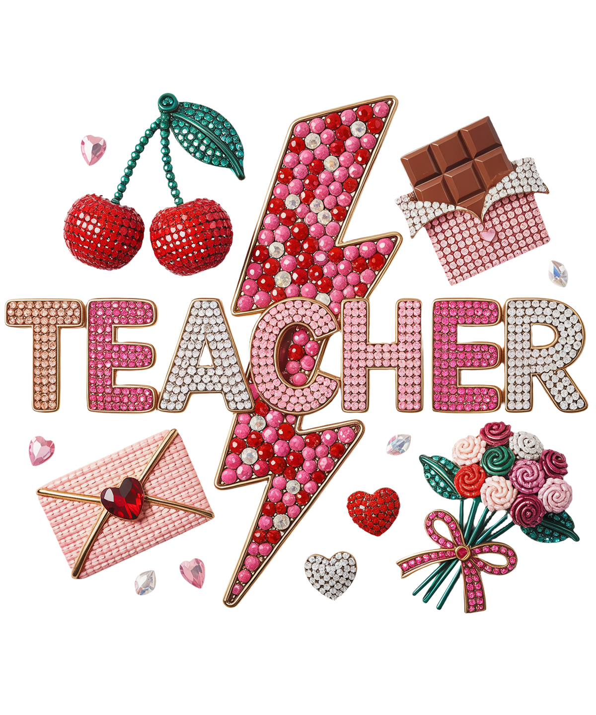 Teacher Rhinestone Cherry Girly Shirt - School Ready to Press DTF Transfer