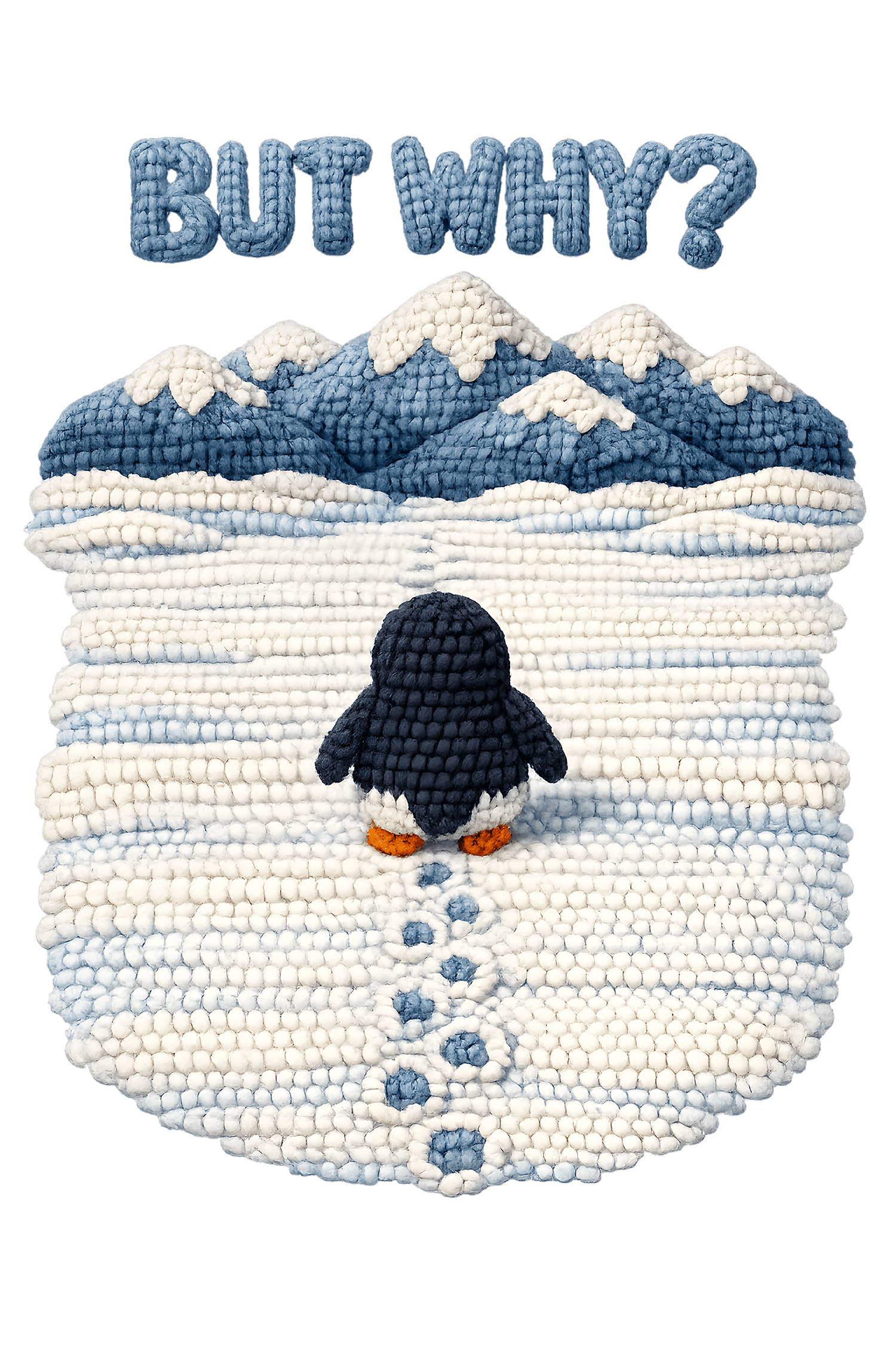 But Why Crochet Style Nihilist Penguin Walking Alone Mountain Scene Sarcastic Quote – Funny Ready to Press DTF Transfer