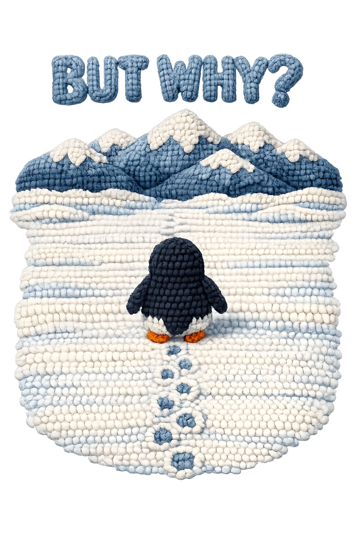 But Why Crochet Style Nihilist Penguin Walking Alone Mountain Scene Sarcastic Quote – Funny Ready to Press DTF Transfer