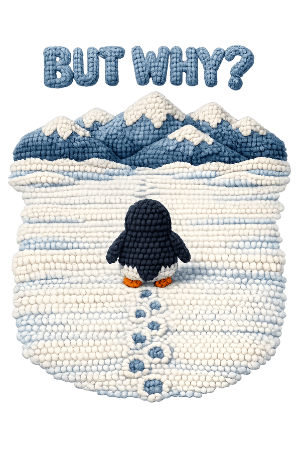 But Why Crochet Style Nihilist Penguin Walking Alone Mountain Scene Sarcastic Quote – Funny Ready to Press DTF Transfer